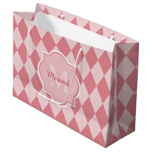 Preppy Light Pink Argyle Girly Monogram and Name Large Gift Bag