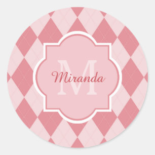 Preppy Light Pink Argyle Girly Monogram Party Name Classic Round Sticker
