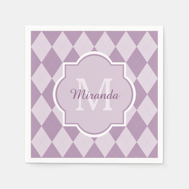 Preppy Light Purple Argyle Girly Monogram and Name Napkin (Front)