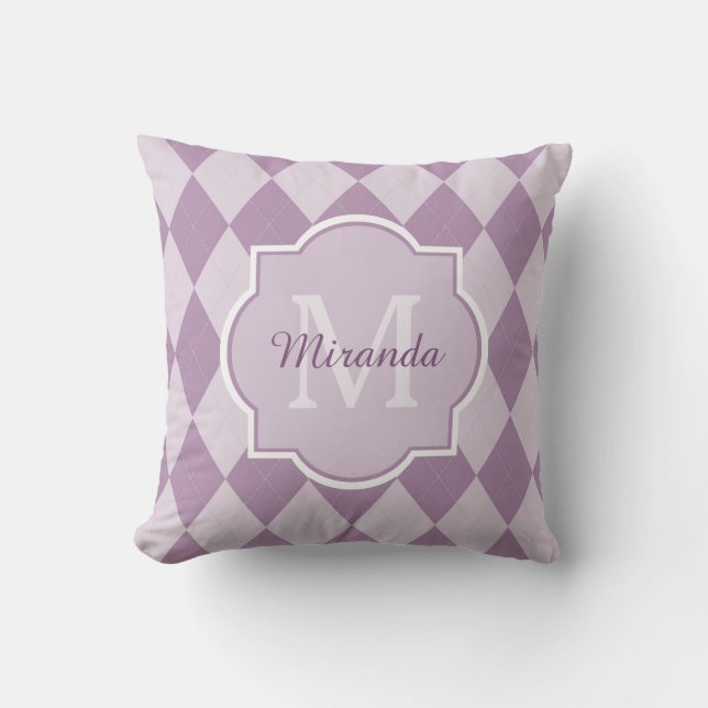 Preppy Light Purple Argyle Girly Monogram and Name Throw Pillow (Front)