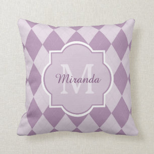 Preppy Light Purple Argyle Girly Monogram and Name Throw Pillow