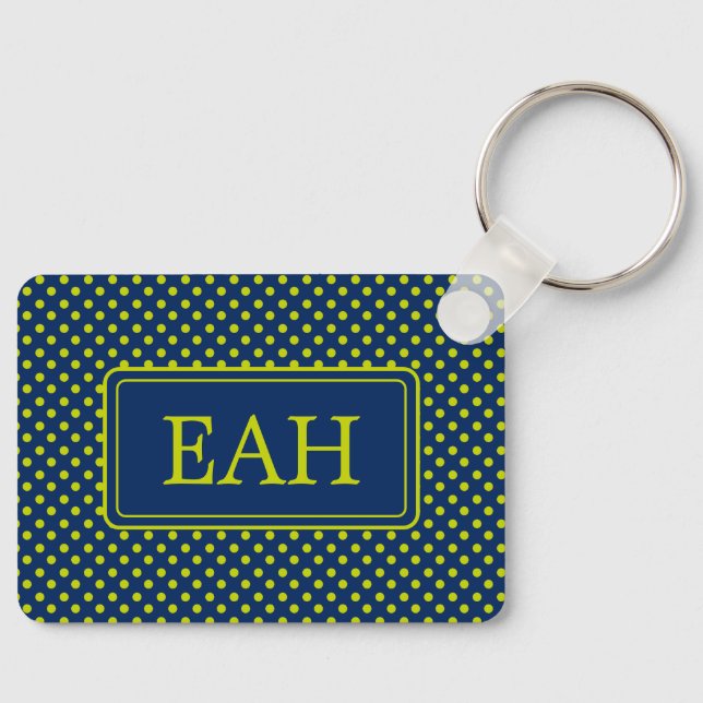 Preppy Lime Green Polka Dot on Navy Blue Monogram Keychain (Front)