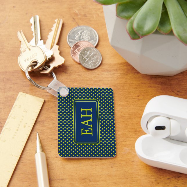 Preppy Lime Green Polka Dot on Navy Blue Monogram Keychain (Desk)