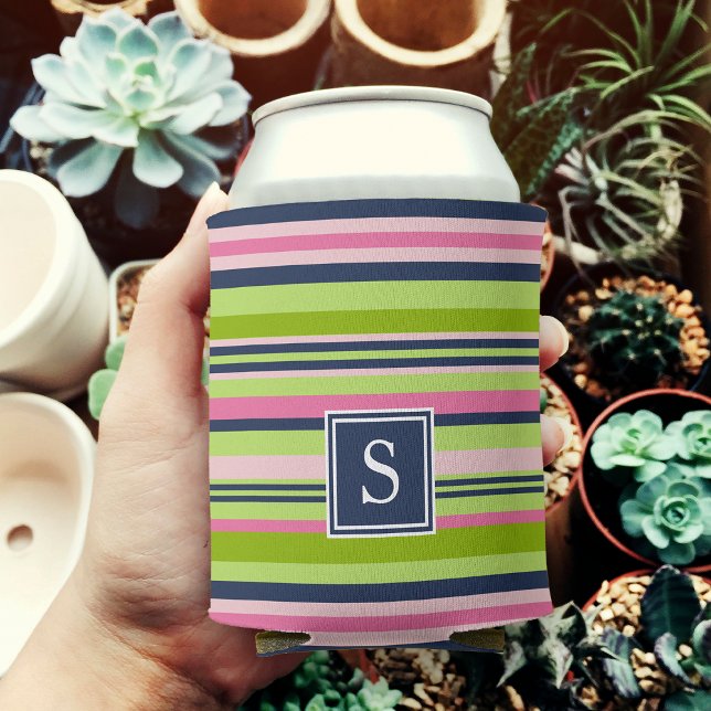 Preppy Lime, Pink and Navy Stripe Monogram Can Cooler (Creator Uploaded)