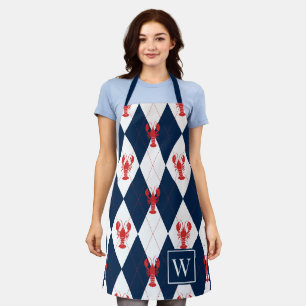 Preppy Lobster Argyle - Red & Navy Monogram Apron