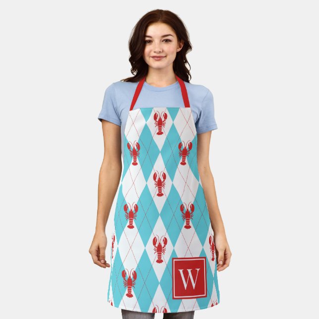 Preppy Lobster Argyle - Red & Turquoise Monogram Apron (Worn)