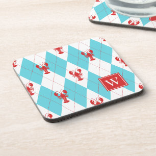 Preppy Lobster Argyle Red & Turquoise Monogram Coaster