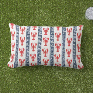 Preppy Lobster Greek Key - Red & Navy Monogram Lumbar Pillow