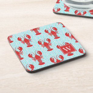 Preppy Lobster Greek Key Red & Turquoise Monogram Coaster