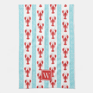 Preppy Lobster Greek Key Red & Turquoise Monogram Kitchen Towel