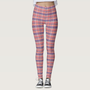 Preppy Lt Coral Wht Navy Blue Plaid Madras Tartan Leggings