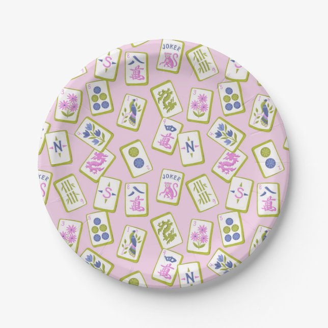 Preppy Mahjong Tiles on Pastel Pink Paper Plate (Front)