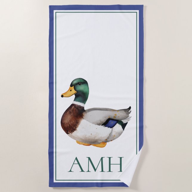 Preppy Mallard Duck Monogram Beach Towel (Front)