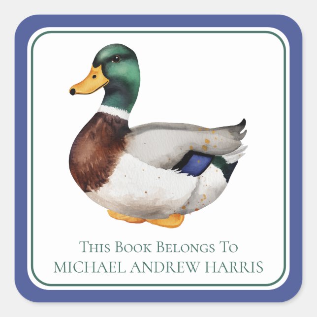 Preppy Mallard Duck Personalized Bookplate Square Sticker (Front)
