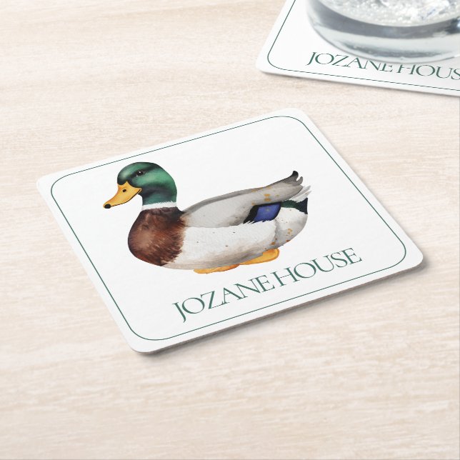 Preppy Mallard Duck Personalized Square Paper Coaster (Angled)