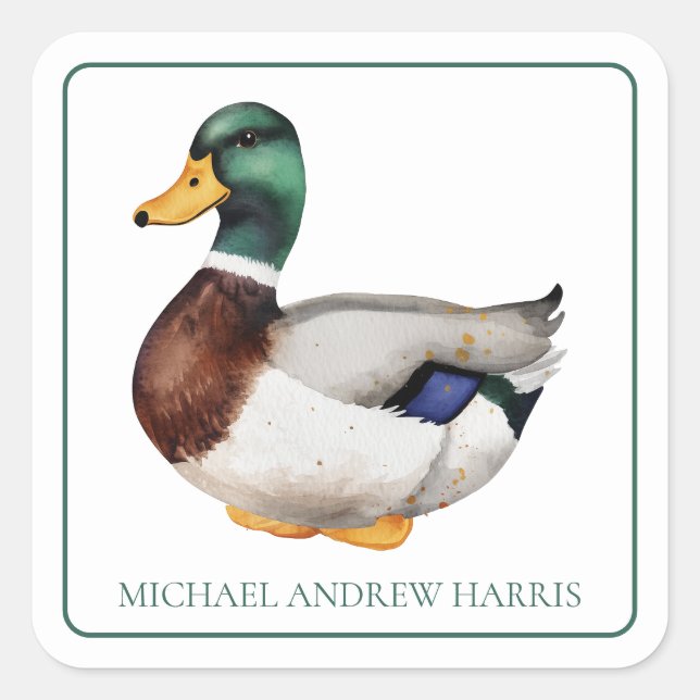 Preppy Mallard Duck Personalized Square Sticker (Front)