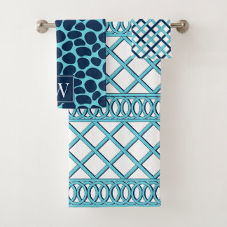 Preppy Maximilist Lattice - Aqua & Navy Monogram Bath Towel Set