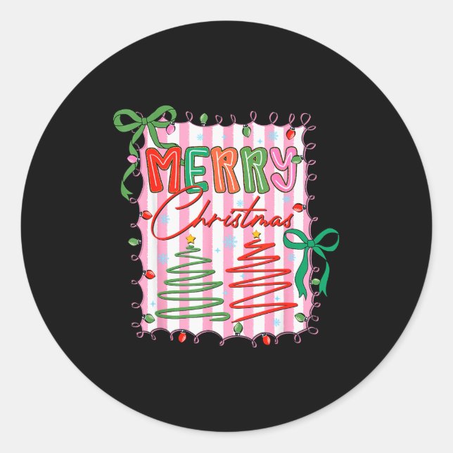 Preppy Merry Christmas Coquette Bow Xmas Holiday G Classic Round Sticker (Front)