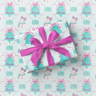 Preppy Mint Girly Christmas Gift Wrap Pink Bow