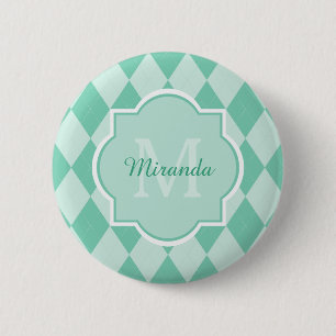 Preppy Mint Green Argyle Girly Monogram and Name 2 Inch Round Button
