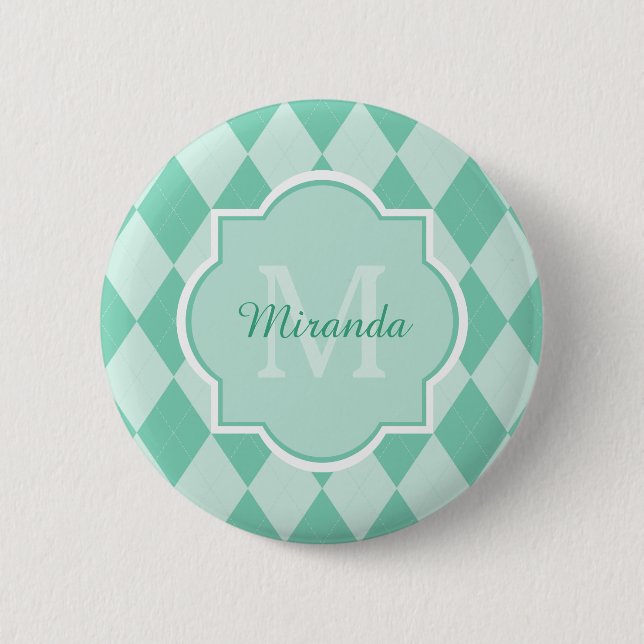 Preppy Mint Green Argyle Girly Monogram and Name 2 Inch Round Button (Front)