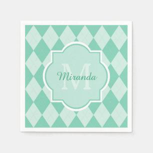 Preppy Mint Green Argyle Girly Monogram and Name Napkin