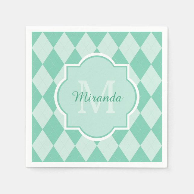 Preppy Mint Green Argyle Girly Monogram and Name Napkin (Front)
