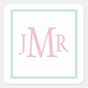 Preppy Mint green & Pink Monogram  Square Sticker