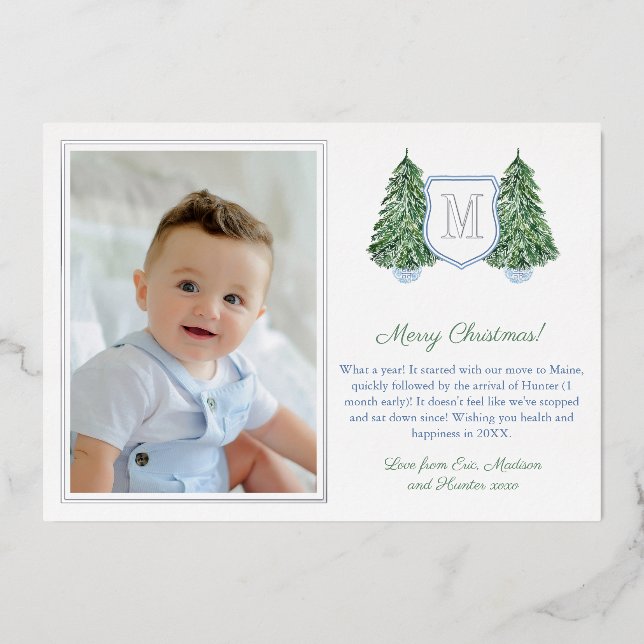 Preppy Monogram Blue Green Happy Holidays Silver Foil Holiday Card (Front)
