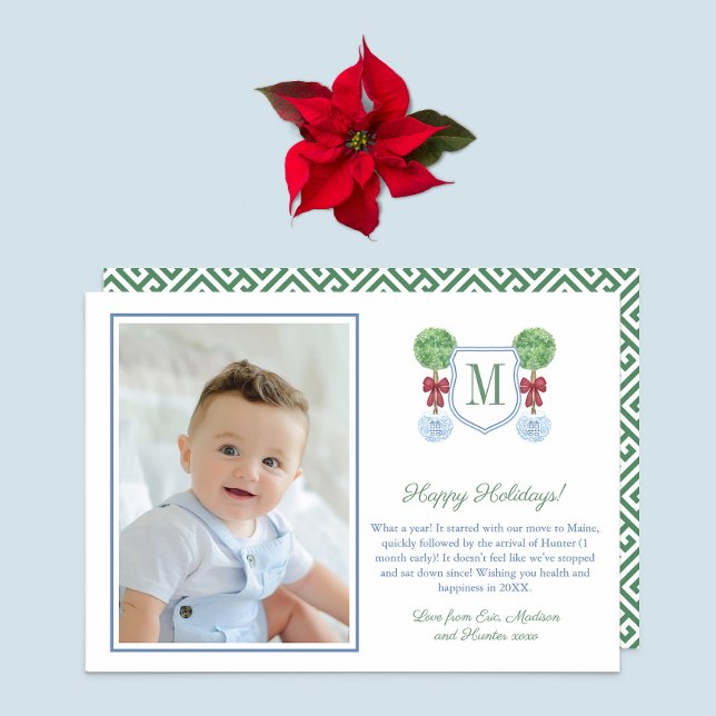 Preppy Monogram Boxwood Happy Holidays Picture Holiday Card (Red and Green family picture holiday card featuring boxwood topiary in blue white planter and)
