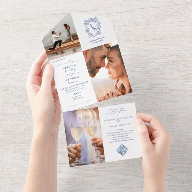 Preppy Monogram Crest 3 Photo QR Code Blue Wedding All In One Invitation (Tearaway)