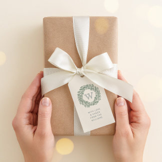 Preppy Monogram Gift Tag with Sage Green Wreath