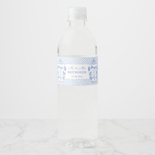 Preppy Monogram Ginger Jar Engagement Party Water Bottle Label (Front)
