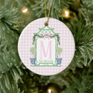 Preppy Monogram Pagoda with Pink Gingham Bow  Ceramic Ornament