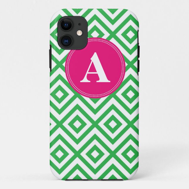 Preppy Monogram Pattern Pink and Green iPhone Case (Back)