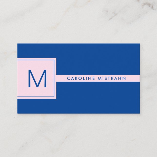Preppy Monogram Pink and Navy Blue Professional Business Card (Front)