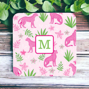 Preppy Monogram Pink Cheetah Pink Background  Coaster