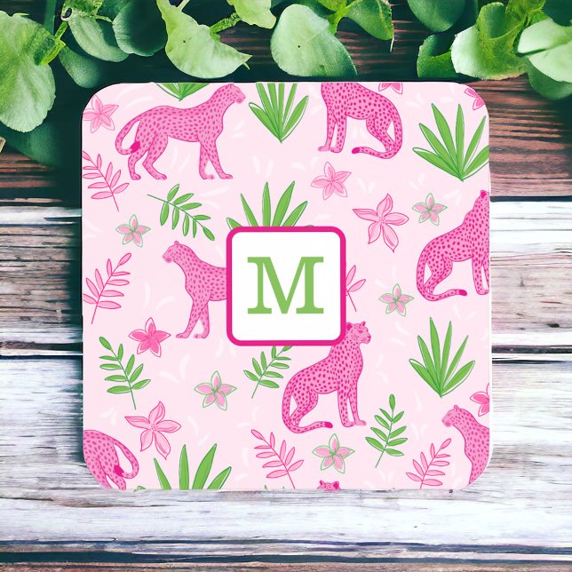 Preppy Monogram Pink Cheetah Pink Background  Coaster (Creator Uploaded)