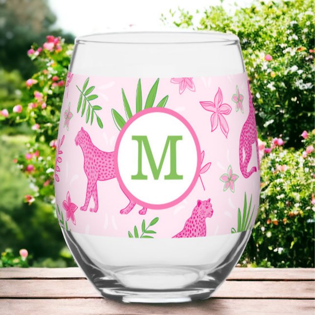 Preppy Monogram Pink Cheetah Pink Background  Stemless Wine Glass (Creator Uploaded)