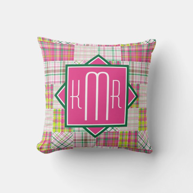 Preppy Monogram | Pink & Green Plaid Throw Pillow (Front)