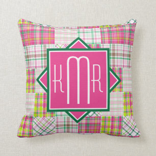 Preppy Monogram   Pink & Green Plaid Throw Pillow