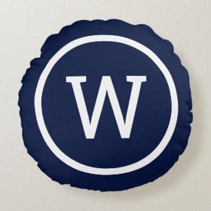 Preppy Monogram Stylish Modern Navy Blue Round Pillow