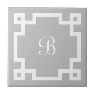 Preppy Monogram White Greek Key Border Grey Tile