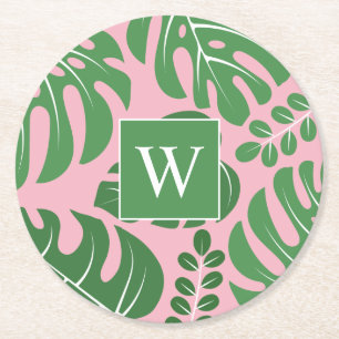 Preppy Monogrammed Monstera Palm Leaf Round Paper Coaster