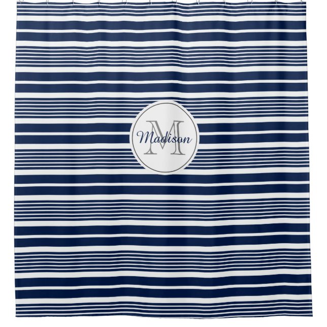 Preppy Monogrammed Navy Blue and White Striped (Front)