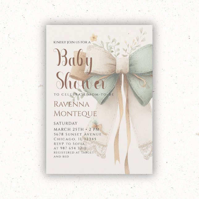 Preppy Nature Cream Sage Patchwork Bow Baby Shower Invitation (Creator Uploaded)
