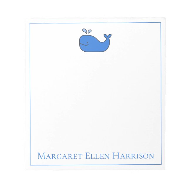Preppy Nautical Blue and White Whale Personalized Notepad (Front)