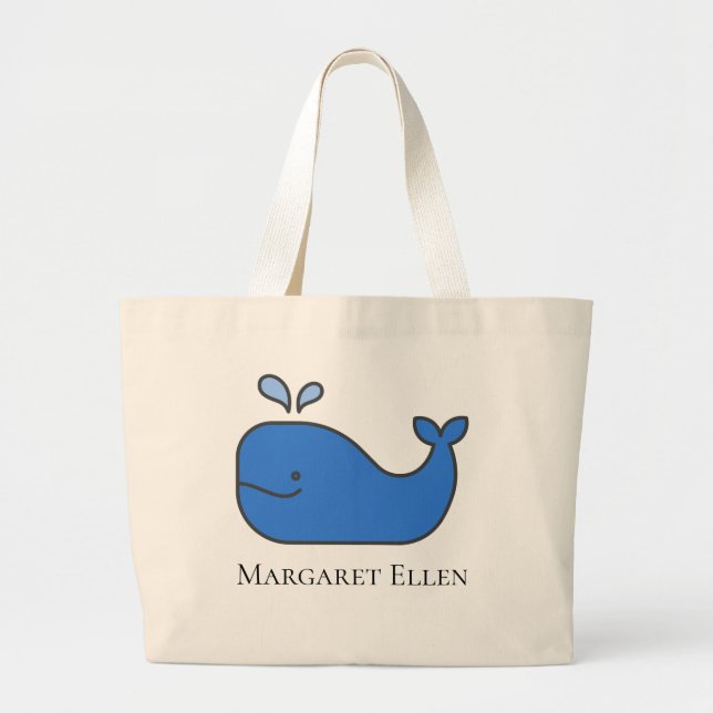 Preppy Nautical Blue Whale Personalized Large Tote Bag (Front)