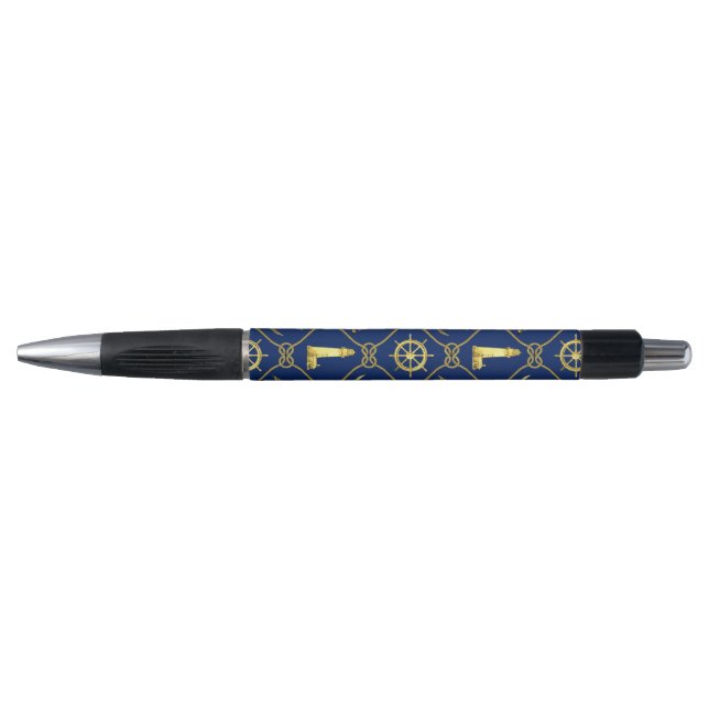 Preppy Nautical Gold Blue Lighthouse Sailboat Pen (Front)