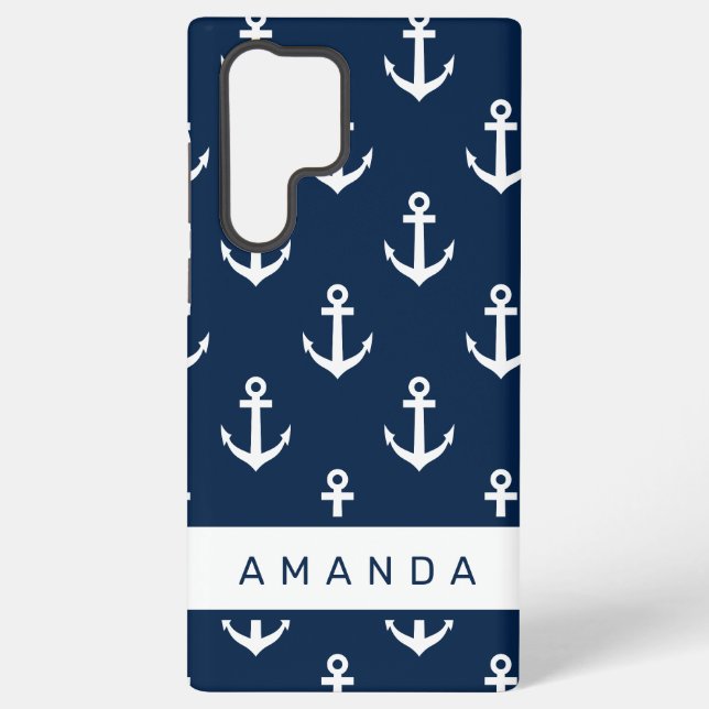 Preppy nautical navy blue anchor pattern custom samsung galaxy s22 ultra case (Back)